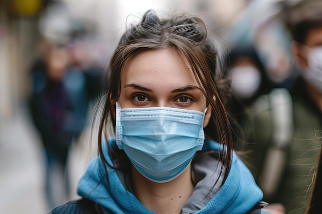 A woman wearing a face mask on a city street