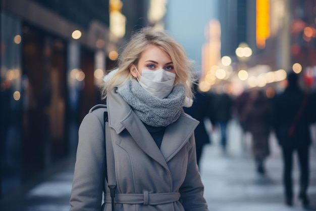 a woman wearing a face mask on a city street