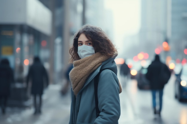 a woman wearing a face mask on a city street