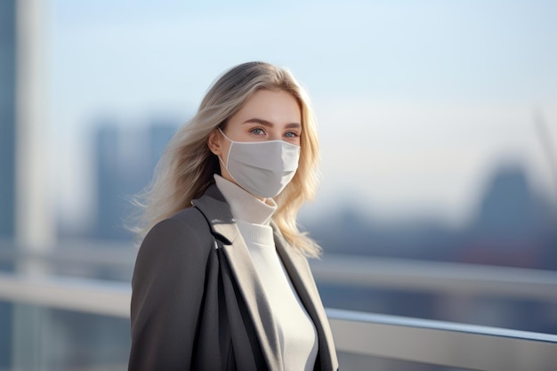 a woman wearing a face mask in front of a city skyline