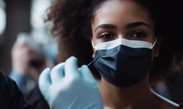 A woman wearing a face mask and gloves puts on a mask.