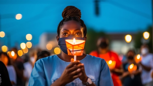 A woman wearing a face mask holds a candle in front of a crowd of people