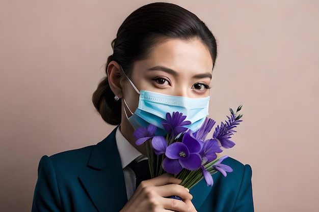 A woman wearing a face mask holds flowers in front of her face.