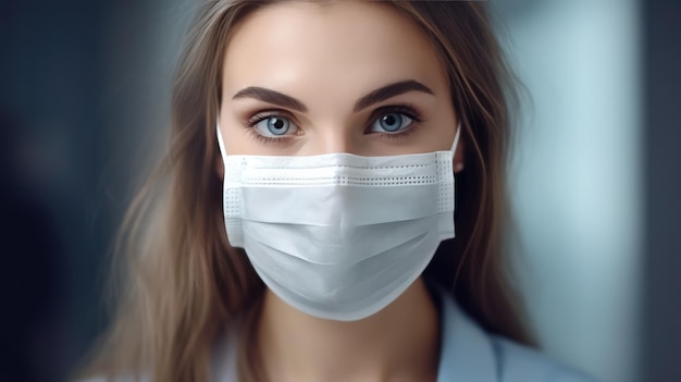 A woman wearing a face mask is looking at the camera.