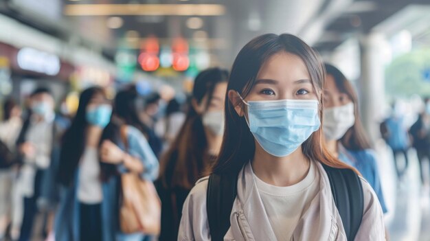 A woman wearing a face mask is standing in front of a crowd of people