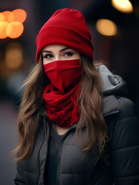 a woman wearing a face mask and a red scarf