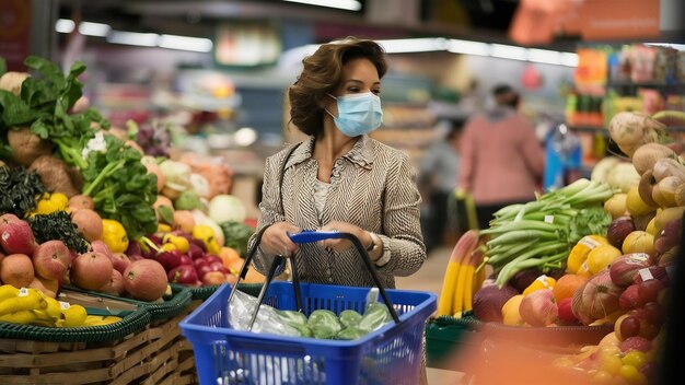 Woman wearing face mask and shopping in grocery store