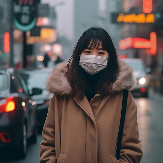 A woman wearing a face mask stands in the street in front of cars and signs that say'i love you '
