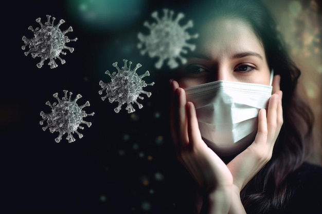 a woman wearing a face mask surrounded by snowflakes