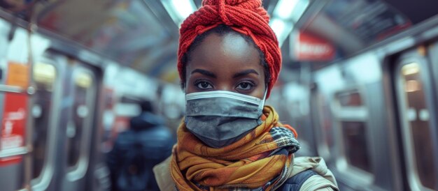 Foto donna con la maschera sul viso sul treno