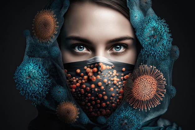 A woman wearing a face mask with the word virus on it