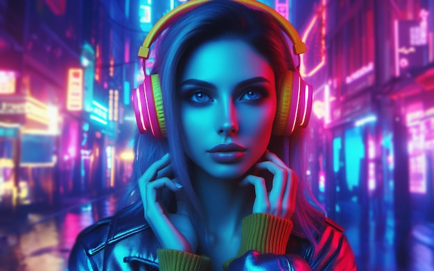 Woman wearing fashion headphones Neon lights purple blue red Retro style and technology Dark tones