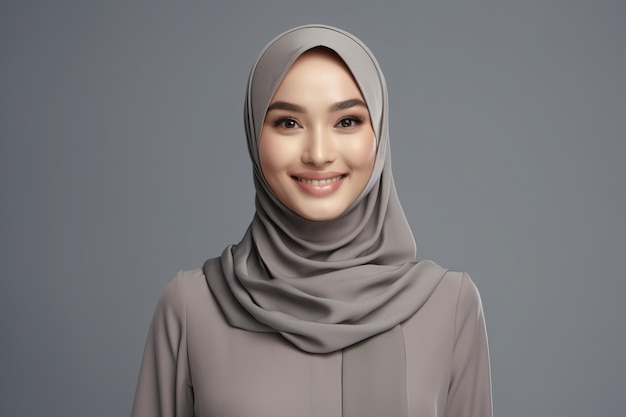 woman wearing fashionable trendy hijab on the gray interior