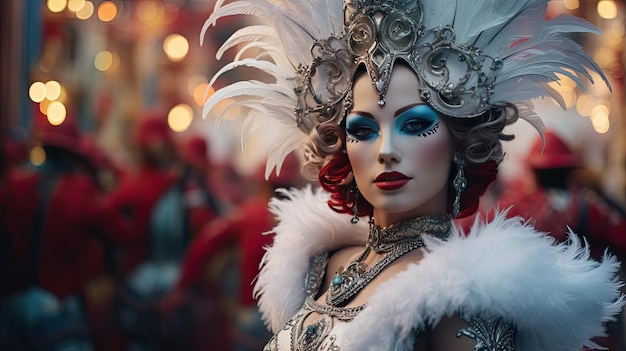 Woman Wearing Feathered Head Costume for a Theatrical Performance Carnival Day