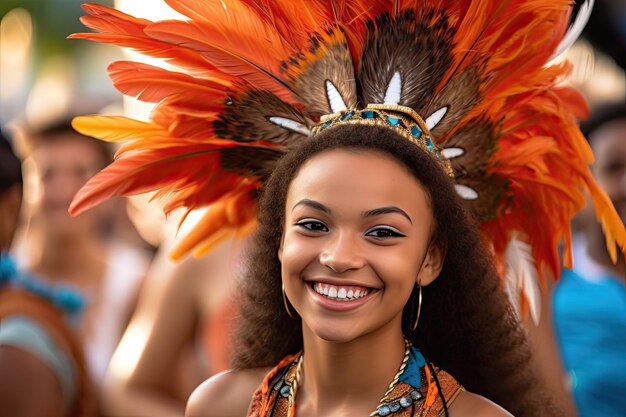 a woman wearing a feathered headdress