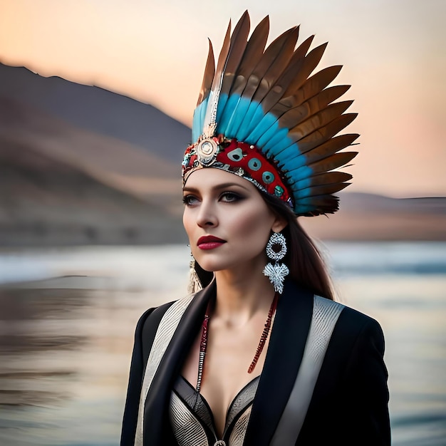 A woman wearing a feathered headdress