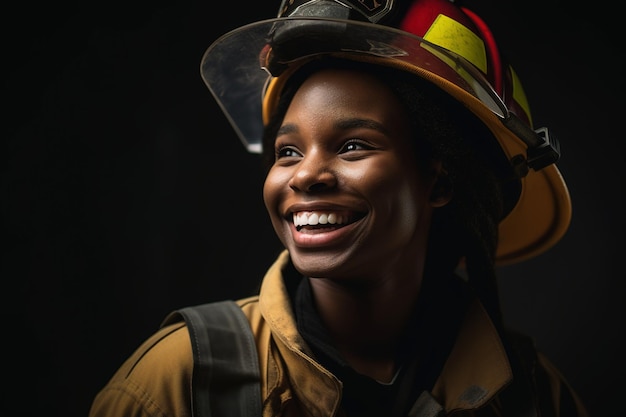 A woman wearing a firefighter uniform smiles for the camera.