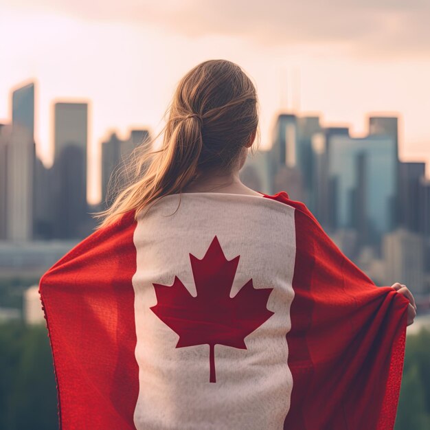 A woman wearing a flag that says canada on it