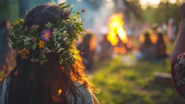 写真 夕暮れの祭りで花の冠をかぶった女性