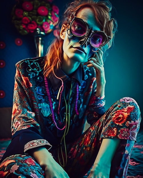 A woman wearing a floral outfit sits on a floor with a flower vase in the background