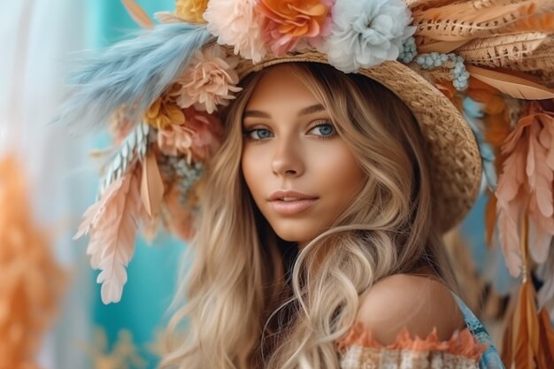 A woman wearing a flowered hat