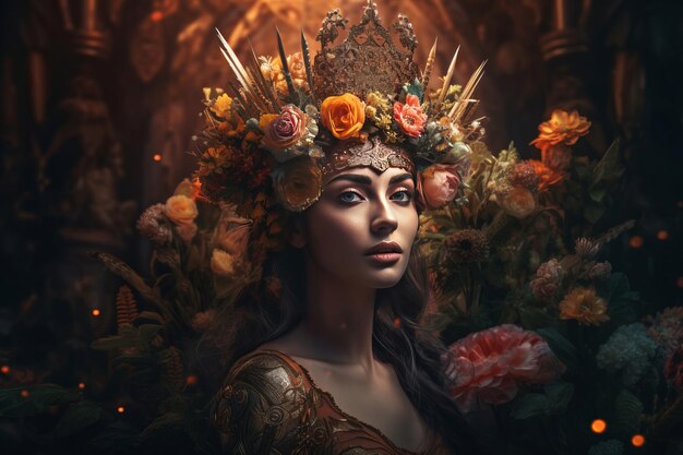 花の冠をかぶった女性 壮大な王室の華麗な女性 花の頭飾りを持った女性