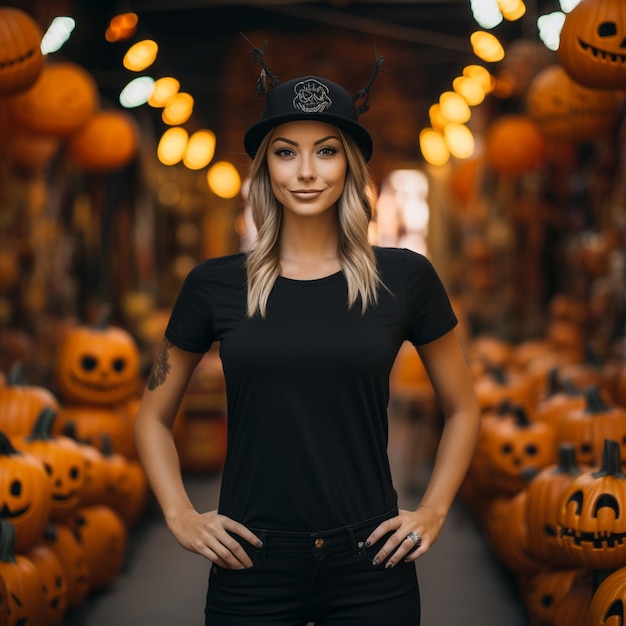 Woman wearing a full black Tshirt Halloween pumpkins shop