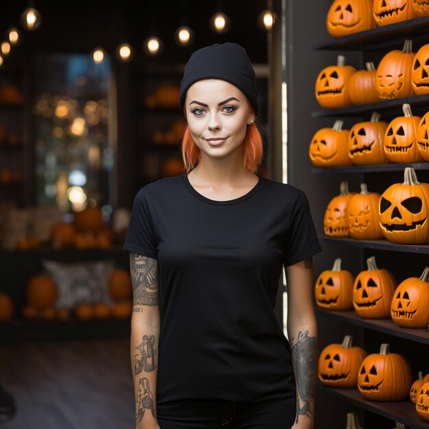 Foto donna che indossa una maglietta nera piena negozio di zucche di halloween