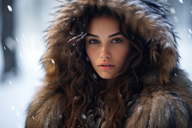 a woman wearing a fur coat with snow falling