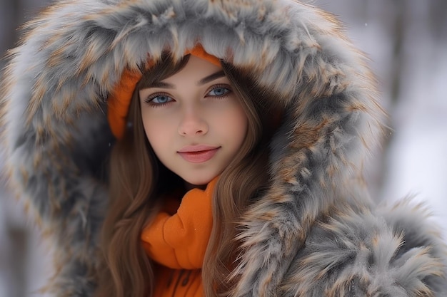 a woman wearing a furry hood