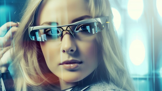 Woman wearing future smart glasses on a hightech backdrop Generative AI