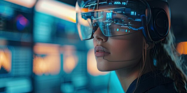 Woman Wearing Futuristic Glasses and Headphones