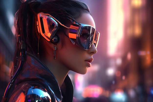 A woman wearing a futuristic glasses with the word cyberpunk on the side.