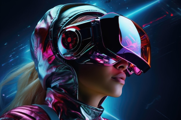 A woman wearing a futuristic helmet and goggles designed for advanced training and enhanced safety Portrait of a futuristic girl donning virtual reality goggles rendered in 3D AI Generated