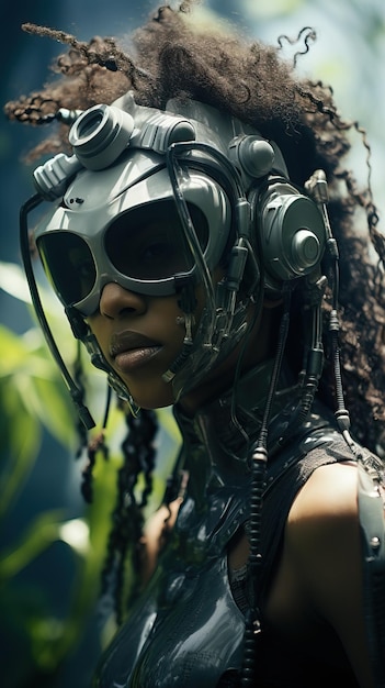 a woman wearing a futuristic helmet and goggles