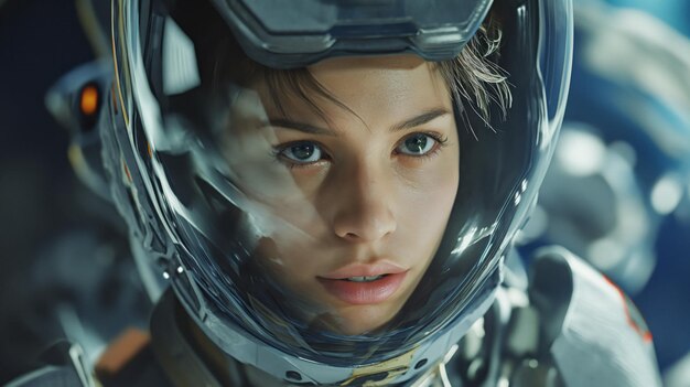 woman wearing a futuristic helmet stares directly at the camera her expression neutral and focused