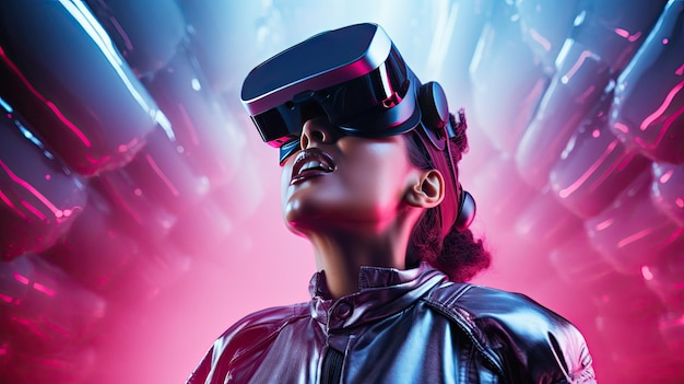 A woman wearing futuristic VR fashion against a virtual background