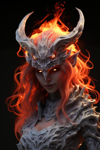 a woman wearing a garment with red hair and horns