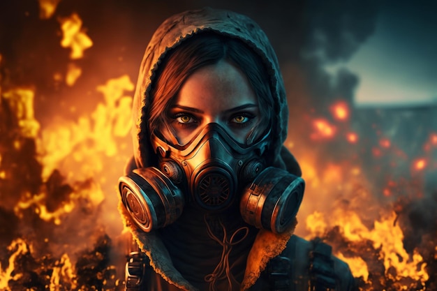 A woman wearing a gas mask in front of a fire Generative AI