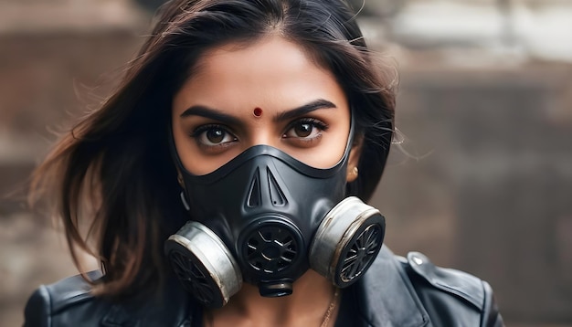 Photo a woman wearing a gas mask with a face mask on