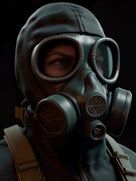 A woman wearing a gas mask with a symbol on the front.