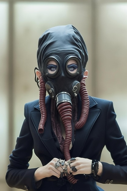 A woman wearing a gas mask with the word gas on it