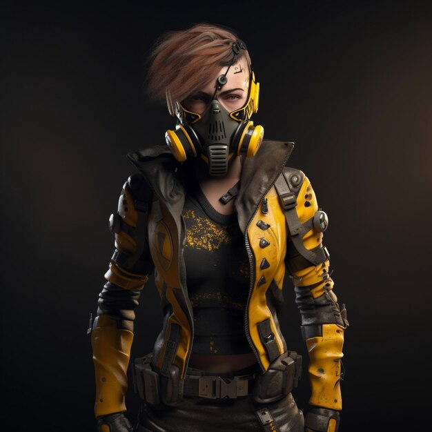 A woman wearing a gas mask and a yellow and black jacket with the word fallout on it.