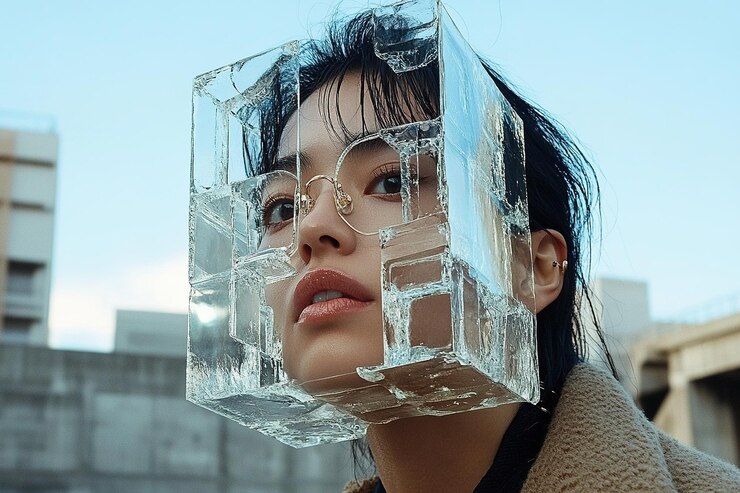 Photo 頭にガラスの立方体を身に着けている女性