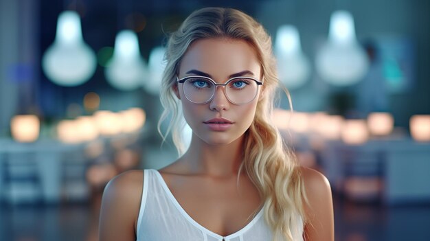 A woman wearing glasses in a bar