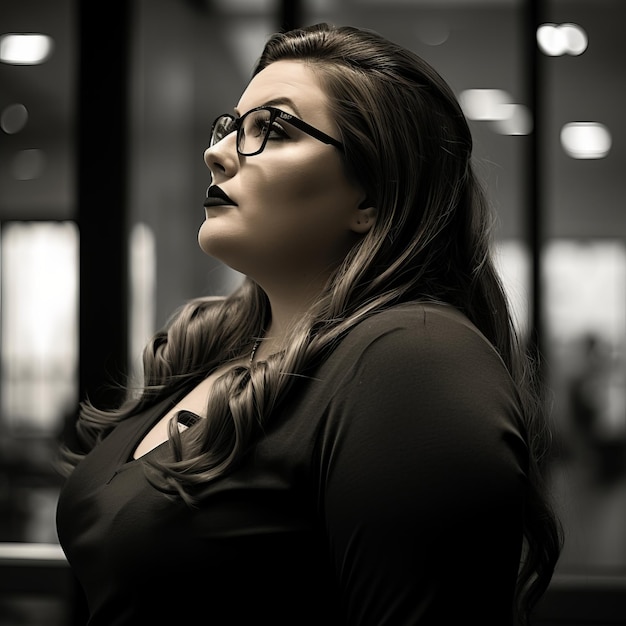 a woman wearing glasses and a black dress