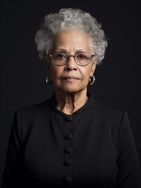 a woman wearing glasses and a black shirt with a black shirt on