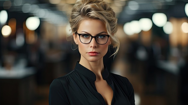 a woman wearing glasses and a black shirt