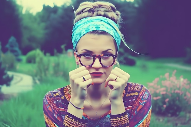 A woman wearing glasses and a blue headband stands in a field.