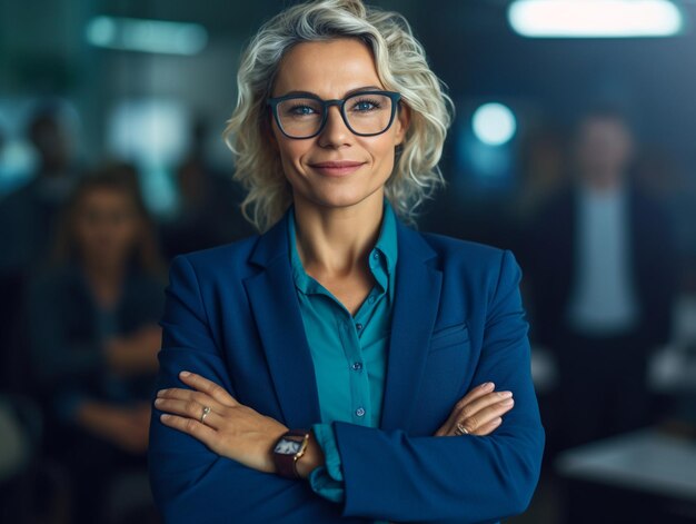 a woman wearing glasses and a blue jacket stands in front of a group of people.